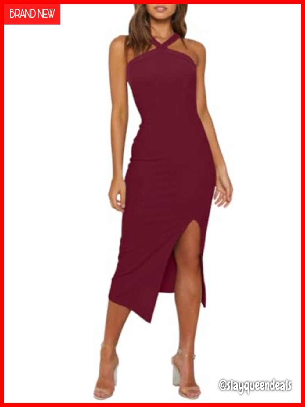 OWIN Women Halter Neck Bodycon Midi Dress High Waist Side Slit Party